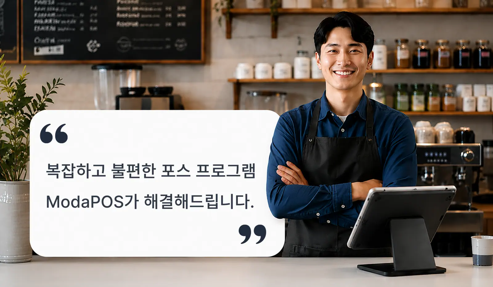 복잡하고 불편한 포스 프로그램의 불편함을 해결한다는 문구와 카페 사장님